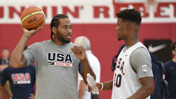 LAS VEGAS, NV - AUGUST 11: Kawhi Leonard #30 (L) and Jimmy Butler #50 of the 2015 USA Basketball Men's National Team talk during a practice session at the Mendenhall Center on August 11, 2015 in Las Vegas, Nevada. (Photo by Ethan Miller/Getty Images)