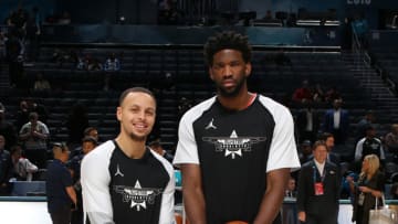 CHARLOTTE, NC - FEBRUARY 17: Stephen Curry #30 and Joel Embiid #21 of Team Giannis poses for a photo during the 2019 NBA All-Star Game on February 17, 2019 at the Spectrum Center in Charlotte, North Carolina. NOTE TO USER: User expressly acknowledges and agrees that, by downloading and/or using this photograph, user is consenting to the terms and conditions of the Getty Images License Agreement. Mandatory Copyright Notice: Copyright 2019 NBAE (Photo by Chris Marion/NBAE via Getty Images)