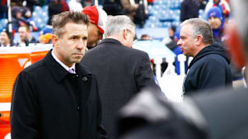 ORCHARD PARK, NY - DECEMBER 14: Buffalo Bills President and Chief Executive Officer Russ Brandon watches warm ups before the game against the Green Bay Packers at Ralph Wilson Stadium on December 14, 2014 in Orchard Park, New York. (Photo by Michael Adamucci/Getty Images)