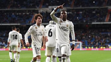 MADRID, SPAIN - JANUARY 09: Vinicius Junior of Real Madrid CF celebrates after scoring Real's 3rd goal during the Copa del Rey Round of 16 match between Real Madrid CF and CD Leganes at estadio Santiago Bernabeu on January 09, 2019 in Madrid, Spain. (Photo by Denis Doyle/Getty Images)