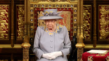 LONDON, ENGLAND - MAY 11: Queen Elizabeth II ahead of the Queen's Speech in the House of Lord's Chamber during the State Opening of Parliament at the House of Lords on May 11, 2021 in London, England. (Photo by Chris Jackson - WPA Pool/Getty Images)