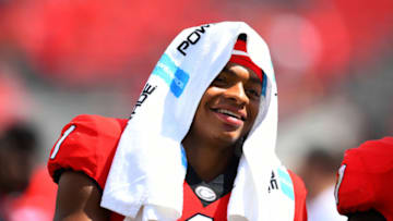 ATHENS, GA - SEPTEMBER 15: Justin Fields #1 of the Georgia Bulldogs smiles as he leaves the field after the game against the Middle Tennessee Blue Raiders on September 15, 2018 at Sanford Stadium in Athens, Georgia. (Photo by Scott Cunningham/Getty Images)