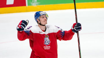 BRATISLAVA, SLOVAKIA - MAY 17: #23 Dmitrij Jaskin of Czech Republic celebrates his goal during the 2019 IIHF Ice Hockey World Championship Slovakia group game between Czech Republic and Italy at Ondrej Nepela Arena on May 17, 2019 in Bratislava, Slovakia. (Photo by RvS.Media/Robert Hradil/Getty Images)