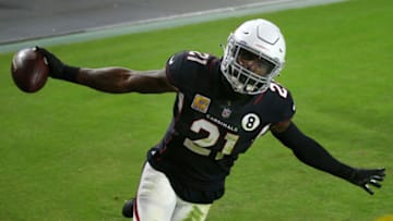 GLENDALE, ARIZONA - OCTOBER 25: Cornerback Patrick Peterson #21 of the Arizona Cardinals celebrates in the end zone his interception of a pass by quarterback Russell Wilson #3 of the Seattle Seahawks in the fourth quarter of the game at State Farm Stadium on October 25, 2020 in Glendale, Arizona. (Photo by Christian Petersen/Getty Images)