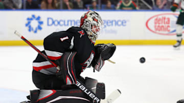 Jan 7, 2023; Buffalo, New York, USA; Buffalo Sabres goaltender Ukko-Pekka Luukkonen (1) looks to make a save during the third period against the Minnesota Wild at KeyBank Center. Mandatory Credit: Timothy T. Ludwig-USA TODAY Sports