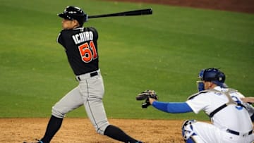 April 27, 2016; Los Angeles, CA, USA; Miami Marlins right fielder Ichiro Suzuki (51) at bat in the ninth inning against Los Angeles Dodgers at Dodger Stadium. Mandatory Credit: Gary A. Vasquez-USA TODAY Sports