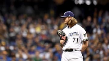 MILWAUKEE, WI - OCTOBER 20: Josh Hader #71 of the Milwaukee Brewers prepares to throw a pitch against the Los Angeles Dodgers during the third inning in Game Seven of the National League Championship Series at Miller Park on October 20, 2018 in Milwaukee, Wisconsin. (Photo by Stacy Revere/Getty Images)