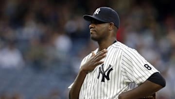 May 11, 2016; Bronx, NY, USA; New York Yankees starting pitcher Michael Pineda (35) reacts after giving up a three run home run to Kansas City Royals catcher Salvador Perez (not pictured) during the first inning at Yankee Stadium. Mandatory Credit: Adam Hunger-USA TODAY Sports