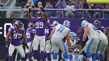 MINNEAPOLIS, MN - NOVEMBER 4: (L-R) Everson Griffen #97 and Danielle Hunter #99 of the Minnesota Vikings celebrate Hunters sack of Matthew Stafford #9 of the Detroit Lions in the first half at U.S. Bank Stadium on November 4, 2018 in Minneapolis, Minnesota. (Photo by Adam Bettcher/Getty Images)