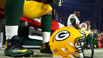 Jan 16, 2016; Glendale, AZ, USA; Detailed view of a Green Bay Packers helmet against the Arizona Cardinals during the NFC Divisional round playoff game at University of Phoenix Stadium. Mandatory Credit: Mark J. Rebilas-USA TODAY Sports