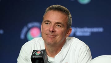 PASADENA, CA - JANUARY 01: Ohio State Buckeyes head coach Urban Meyer speaks to the media after the Rose Bowl Game presented by Northwestern Mutual at the Rose Bowl on January 1, 2019 in Pasadena, California. (Photo by Harry How/Getty Images)