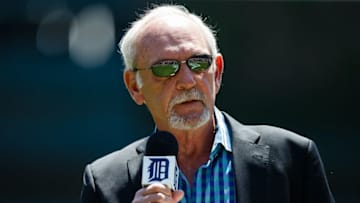 May 10, 2014; Detroit, MI, USA; Detroit Tigers former manager Jim Leyland address the cord after he throws out the ceremonial first pitch before the game against the Minnesota Twins at Comerica Park. Mandatory Credit: Rick Osentoski-USA TODAY Sports