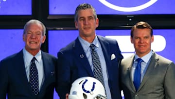 INDIANAPOLIS, IN - FEBRUARY 13: Owner Jim Irsay, head coach Frank Reich and general manager Chris Ballard of the Indianapolis Colts pose for a photo during the press conference introducing head coach Frank Reich at Lucas Oil Stadium on February 13, 2018 in Indianapolis, Indiana. (Photo by Michael Reaves/Getty Images)