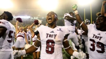 Sep 17, 2016; Hattiesburg, MS, USA; Troy Trojans wide receiver Emanuel Thompson (8) celebrates with teammates at the end of their game against the Southern Miss Golden Eagles at M.M. Roberts Stadium. Troy won 37-31. Mandatory Credit: Chuck Cook-USA TODAY Sports