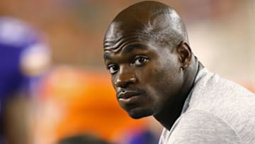 Aug 12, 2016; Cincinnati, OH, USA; Minnesota Vikings running back Adrian Peterson (28) looks on from the sidelines in the second half against the Cincinnati Bengals in a preseason NFL football game at Paul Brown Stadium. The Vikings won 17-16. Mandatory Credit: Aaron Doster-USA TODAY Sports
