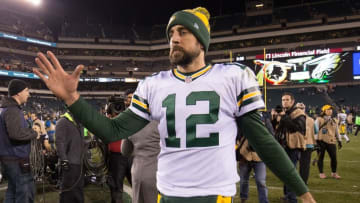 Nov 28, 2016; Philadelphia, PA, USA; Green Bay Packers quarterback Aaron Rodgers (12) reacts after a victory against the Philadelphia Eagles at Lincoln Financial Field. The Green Bay Packers won 27-13. Mandatory Credit: Bill Streicher-USA TODAY Sports