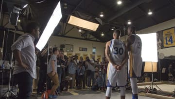 September 26, 2016; Oakland, CA, USA; Golden State Warriors guard Stephen Curry (30) and forward Kevin Durant (35) pose for a photo during media day at the Warriors Practice Facility. Mandatory Credit: Kyle Terada-USA TODAY Sports