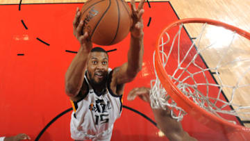 HOUSTON, TX - MAY 2: Derrick Favors #15 of the Utah Jazz rebounds the ball against the Houston Rockets in Game Two of Round Two of the 2018 NBA Playoffs on May 2, 2018 at Toyota Center in Houston, TX. Copyright 2018 NBAE (Photo by Andrew D. Bernstein/NBAE via Getty Images)
