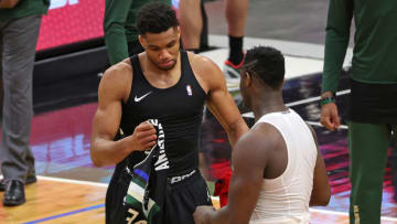 Giannis Antetokounmpo #34 of the Milwaukee Bucks and Zion Williamson #1 of the New Orleans Pelicans (Photo by Stacy Revere/Getty Images)