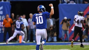 Oct 16, 2016; East Rutherford, NJ, USA;New York Giants quarterback Eli Manning (10) celebrates a game winning touchdown pass to New York Giants wide receiver Odell Beckham (13) in the 4th quarter against the Ravens at MetLife Stadium. Mandatory Credit: Robert Deutsch-USA TODAY Sports