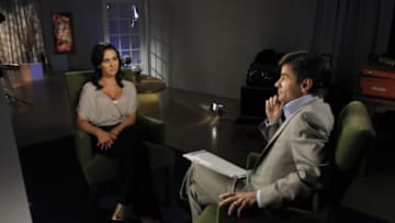 GOOD MORNING AMERICA - George Stephanopoulos' exclusive interview with Jenn Sterger airs on ABC News' 'Good Morning America' Tuesday, April 12th and Wednesday, April 13th. Sterger is a former Jets game-day host and model who was embroiled in a tabloid scandal after racy photos and voicemails allegedly from NFL quarterback Brett Favre surfaced. GM11 (Photo by Lou Rocco/ABC via Getty Images)JENN STERGER, GEORGE STEPHANOPOULOS