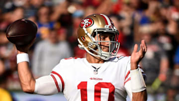 LOS ANGELES, CA - DECEMBER 31: Quarterback Jimmy Garoppolo #10 of the San Francisco 49ers throws a pass Los Angeles Rams during the first quarter at Los Angeles Memorial Coliseum on December 31, 2017 in Los Angeles, California. (Photo by Kevork Djansezian/Getty Images)
