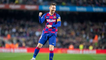 BARCELONA, SPAIN - November 9: Lionel Messi #10 of Barcelona celebrates after scoring his third goal of the match from a free kick during the Barcelona V Celta Vigo, La Liga regular season match at Estadio Camp Nou on November 9th 2019 in Barcelona, Spain. (Photo by Tim Clayton/Corbis via Getty Images)