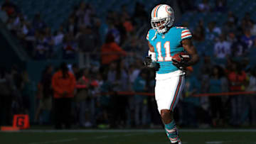 MIAMI GARDENS, FL - DECEMBER 31: DeVante Parker #11 of the Miami Dolphins during pregame against the Buffalo Bills at Hard Rock Stadium on December 31, 2017 in Miami Gardens, Florida. (Photo by Mike Ehrmann/Getty Images)