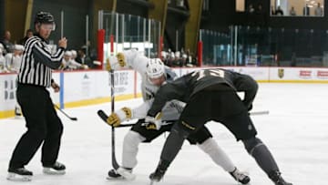LAS VEGAS, NV - JUNE 29: Vegas Golden Knights Gustaf Westlund (76) and Keenan Suthers (79) face off during a scrimmage game at the Vegas Golden Knights Development Camp Saturday, June 29, 2019, at City National Arena in Las Vegas, NV. (Photo by Marc Sanchez/Icon Sportswire via Getty Images)