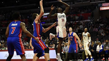 Nov 7, 2016; Los Angeles, CA, USA; Los Angeles Clippers forward Brandon Bass (30) grabs a rebound against the Detroit Pistons during the fourth quarter at Staples Center. Mandatory Credit: Richard Mackson-USA TODAY Sports