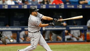 ST. PETERSBURG, FL - APRIL 17: Dioner Navarro #27 of the Chicago White Sox strikes out swinging to pitcher Matt Moore of the Tampa Bay Rays during the third inning of a game on April 17, 2016 at Tropicana Field in St. Petersburg, Florida. (Photo by Brian Blanco/Getty Images)