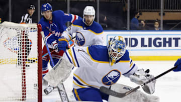 NEW YORK, NEW YORK - APRIL 27: Ukko-Pekka Luukkonen #1 of the Buffalo Sabres skates against the New York Rangers at Madison Square Garden on April 27, 2021 in New York City. The Rangers defeated the Sabres 3-1. (Photo by Bruce Bennett/Getty Images)