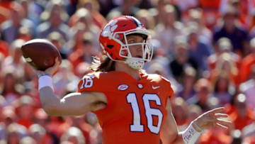 CLEMSON, SC - NOVEMBER 03: Trevor Lawrence #16 of the Clemson Tigers drops back to pass against the Louisville Cardinals during their game at Clemson Memorial Stadium on November 3, 2018 in Clemson, South Carolina. (Photo by Streeter Lecka/Getty Images)