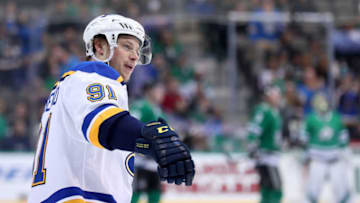 DALLAS, TEXAS - JANUARY 12: Vladimir Tarasenko #91 of the St. Louis Blues celebrates after scoring against the Dallas Stars in the first period at American Airlines Center on January 12, 2019 in Dallas, Texas. (Photo by Tom Pennington/Getty Images)
