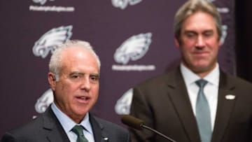 Jan 19, 2016; Philadelphia, PA, USA; Philadelphia Eagles owner Jeffrey Lurie (left) introduces new head coach Doug Pederson (right) during a press conference at the NovaCare Complex . Mandatory Credit: Bill Streicher-USA TODAY Sports