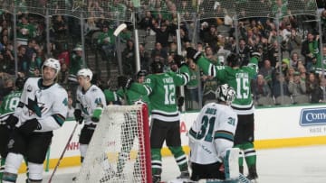 DALLAS, TX - DECEMBER 7: Radek Faksa #12, Blake Comeau #15 and the Dallas Stars celebrate a goal against Martin Jones #31 of the San Jose Sharks at the American Airlines Center on December 7, 2018 in Dallas, Texas. (Photo by Glenn James/NHLI via Getty Images)