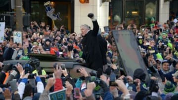 Feb 5, 2014; Seattle, WA, USA; Seattle Seahawks coach Pete Carroll at Super Bowl XLVIII victory parade on 4th Avenue. Mandatory Credit: Kirby Lee-USA TODAY Sports