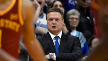 LAWRENCE, KS - JANUARY 9: Head coach Bill Self of the Kansas Jayhawks watches his team during a game against the Iowa State Cyclones in the second half at Allen Fieldhouse on January 9, 2018 in Lawrence, Kansas. (Photo by Ed Zurga/Getty Images)