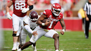 FAYETTEVILLE, ARKANSAS - OCTOBER 21: K.J. Jefferson #1 of the Arkansas Razorbacks runs the ball during the game against the Mississippi State Bulldogs at Donald W. Reynolds Razorback Stadium on October 21, 2023 in Fayetteville, Arkansas. The Bulldogs defeated the Razorbacks 7-3. (Photo by Wesley Hitt/Getty Images)