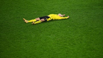 DORTMUND, GERMANY - FEBRUARY 02: Erling Haaland of Borussia Dortmund celebrates after the DFB Cup Round of Sixteen match between Borussia Dortmund and SC Paderborn 07 at Signal Iduna Park on February 02, 2021 in Dortmund, Germany. Sporting stadiums around Germany remain under strict restrictions due to the Coronavirus Pandemic as Government social distancing laws prohibit fans inside venues resulting in games being played behind closed doors. (Photo by Frederic Scheidemann/Getty Images)