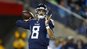 NASHVILLE, TN - DECEMBER 6: Marcus Mariota #8 of the Tennessee Titans throws a pass against the Jacksonville Jaguars during the second quarter at Nissan Stadium on December 6, 2018 in Nashville, Tennessee. (Photo by Wesley Hitt/Getty Images)