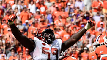 CLEMSON, SC - SEPTEMBER 29: Center Gage Cervenka #59 of the Clemson Tigers celebrates after a Syracuse Orange touchdown against the Clemson Tigers during the fourth quarter of the football game at Clemson Memorial Stadium on September 29, 2018 in Clemson, South Carolina. (Photo by Mike Comer/Getty Images)