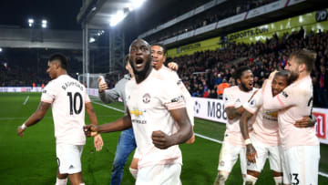 LONDON, ENGLAND - FEBRUARY 27: Romelu Lukaku of Manchester United celebrates after his team's third goal scored by Ashley Young of Manchester United (2R) during the Premier League match between Crystal Palace and Manchester United at Selhurst Park on February 27, 2019 in London, United Kingdom. (Photo by Mike Hewitt/Getty Images)