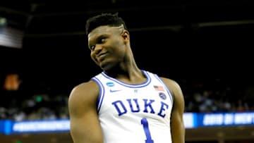 COLUMBIA, SOUTH CAROLINA - MARCH 22: Zion Williamson #1 of the Duke Blue Devils reacts after scoring a basket and drawing a foul against the North Dakota State Bison in the second half during the first round of the 2019 NCAA Men's Basketball Tournament at Colonial Life Arena on March 22, 2019 in Columbia, South Carolina. (Photo by Kevin C. Cox/Getty Images)