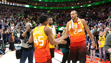 SALT LAKE CITY, UT - MARCH 17: Rudy Gobert #27 and Donovan Mitchell #45 of the Utah Jazz high-five after the game against the Sacramento Kings on March 17, 2018 at vivint.SmartHome Arena in Salt Lake City, Utah. NOTE TO USER: User expressly acknowledges and agrees that, by downloading and or using this Photograph, User is consenting to the terms and conditions of the Getty Images License Agreement. Mandatory Copyright Notice: Copyright 2018 NBAE (Photo by Melissa Majchrzak/NBAE via Getty Images)