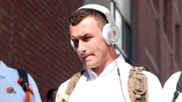Aug 9, 2014; Detroit, MI, USA; Cleveland Browns quarterback Johnny Manziel (2) arrives at Ford Field before the game against the Detroit Lions. Mandatory Credit: Tim Fuller-USA TODAY Sports