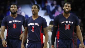 Feb 8, 2015; Auburn Hills, MI, USA; Detroit Pistons center Andre Drummond (0) and guard Kentavious Caldwell-Pope (5) and forward Greg Monroe (10) walk onto the floor during the second quarter against the Minnesota Timberwolves at The Palace of Auburn Hills. Mandatory Credit: Raj Mehta-USA TODAY Sports