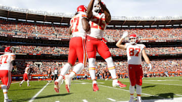 CLEVELAND, OH - NOVEMBER 04: Kareem Hunt #27 of the Kansas City Chiefs celebrates his touchdown with Damien Williams #26 during the first quarter against the Cleveland Browns at FirstEnergy Stadium on November 4, 2018 in Cleveland, Ohio. (Photo by Kirk Irwin/Getty Images)