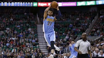 Nov 23, 2016; Salt Lake City, UT, USA; Denver Nuggets guard Jamal Murray (27) grabs a high pass in the second quarter against the Utah Jazz at Vivint Smart Home Arena. Mandatory Credit: Jeff Swinger-USA TODAY Sports