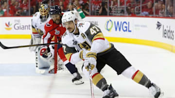WASHINGTON, DC - JUNE 04: Luca Sbisa #47 of the Vegas Golden Knights is chased by Devante Smith-Pelly #25 of the Washington Capitals during the first period of Game Four of the 2018 NHL Stanley Cup Final at Capital One Arena on June 4, 2018 in Washington, DC. (Photo by Patrick McDermott/NHLI via Getty Images)